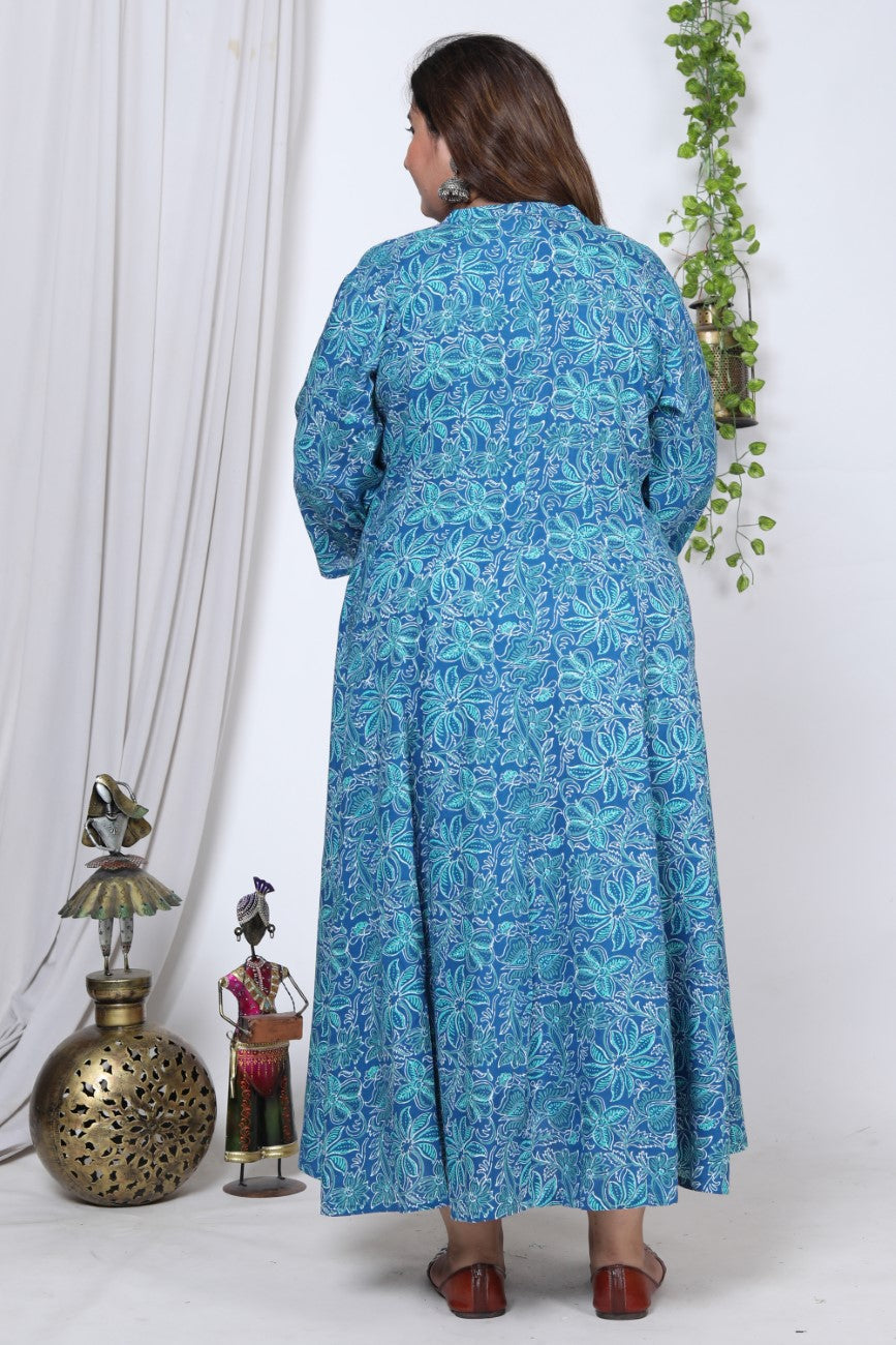 Plus Size Blue Floral Print Flared Long Kurta-714