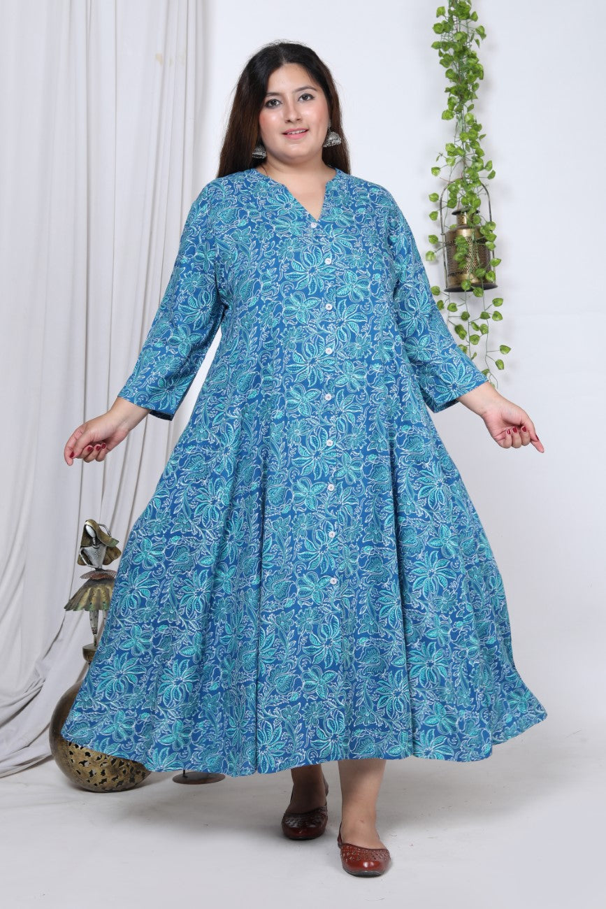 Plus Size Blue Floral Print Flared Long Kurta-714 Main image