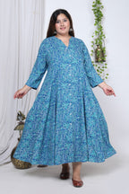 Plus Size Blue Floral Print Flared Long Kurta-714