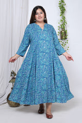 Plus Size Blue Floral Print Flared Long Kurta-714