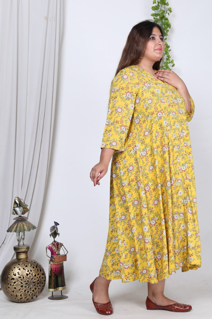 Plus Size Yellow Floral Print Flared Long Kurta-717