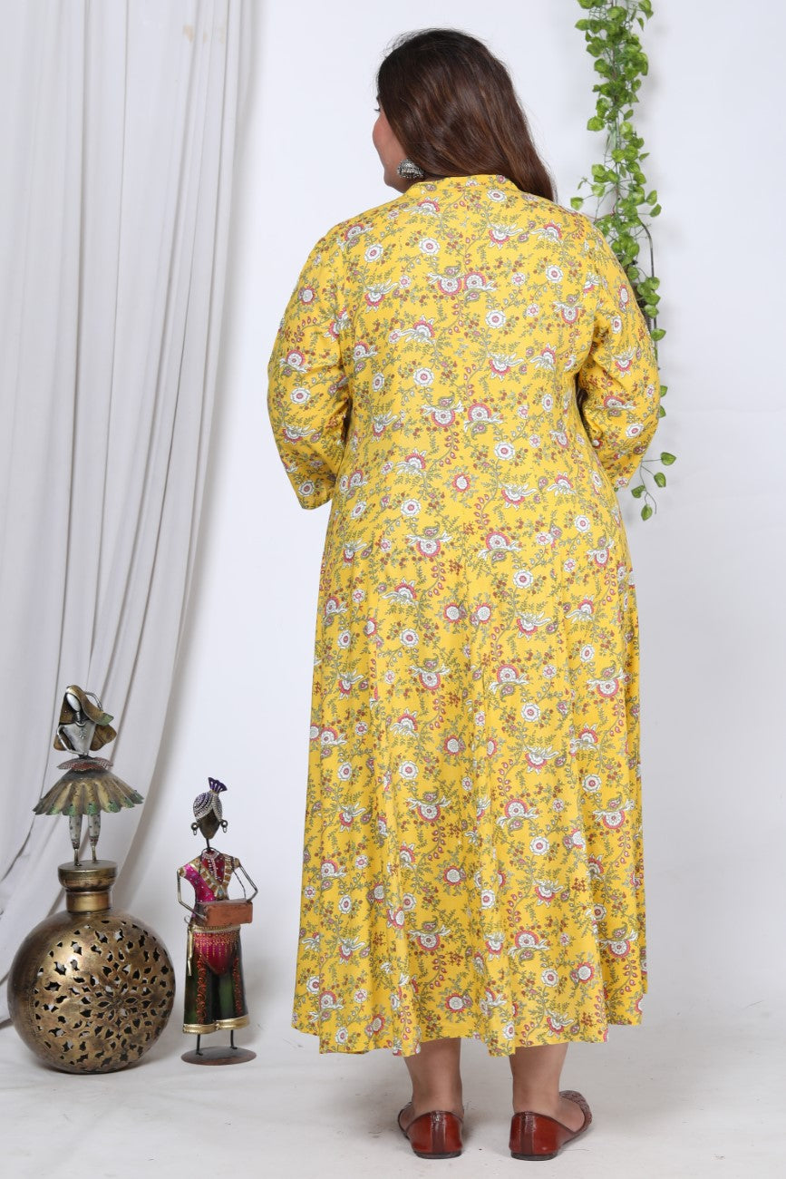 Plus Size Yellow Floral Print Flared Long Kurta-717