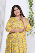 Plus Size Yellow Floral Print Flared Long Kurta-717