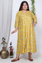 Plus Size Yellow Floral Print Flared Long Kurta-717