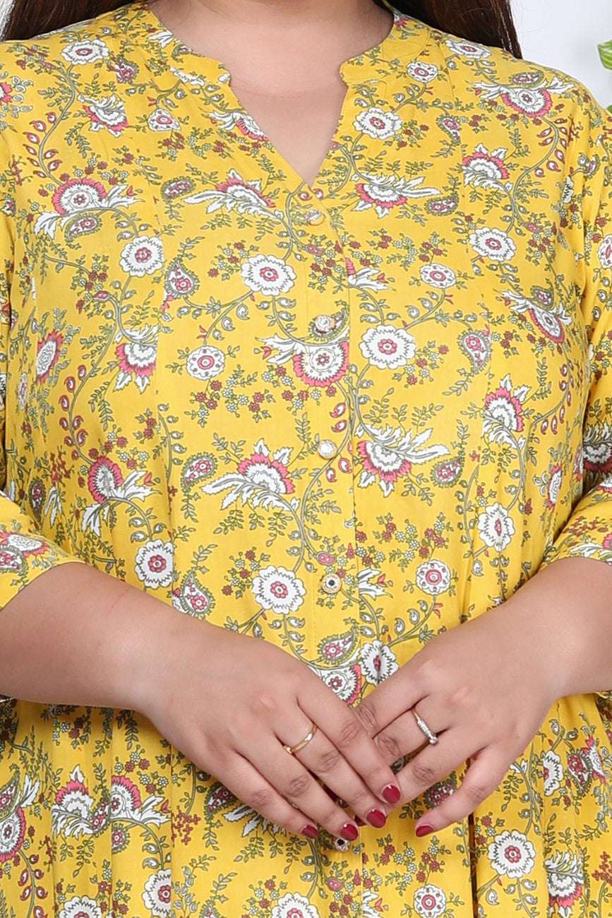 Plus Size Yellow Floral Print Flared Long Kurta-717 Secondary image
