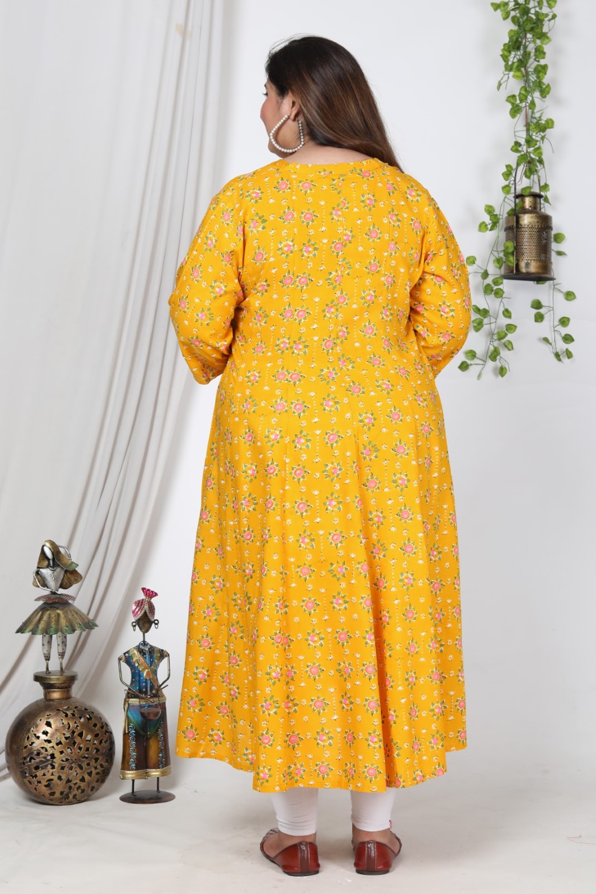 Plus Size Yellow Cotton Blend Floral Print Gown-400727