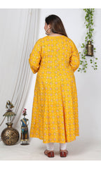 Plus Size Yellow Cotton Blend Floral Print Gown-400727