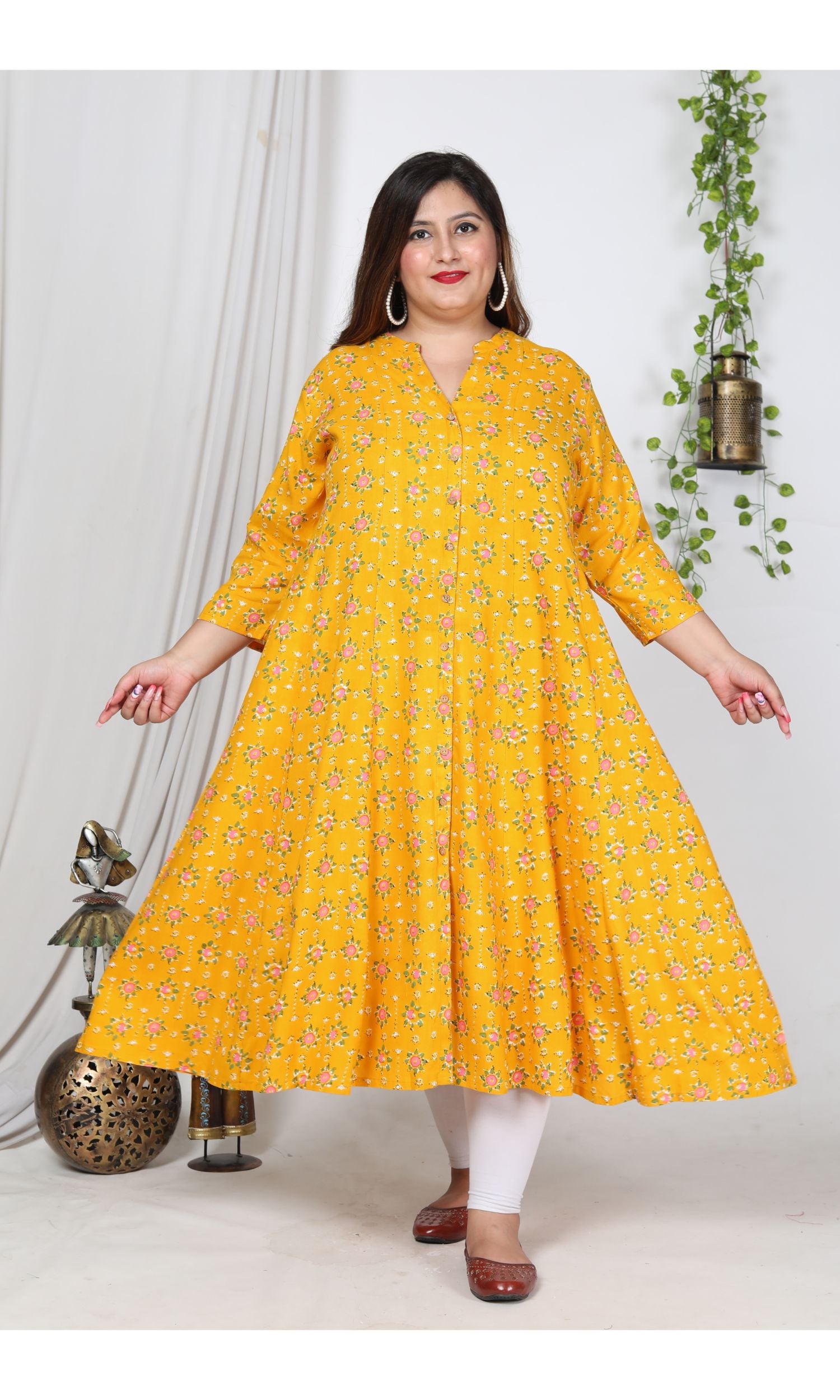 Plus Size Yellow Cotton Blend Floral Print Gown-400727