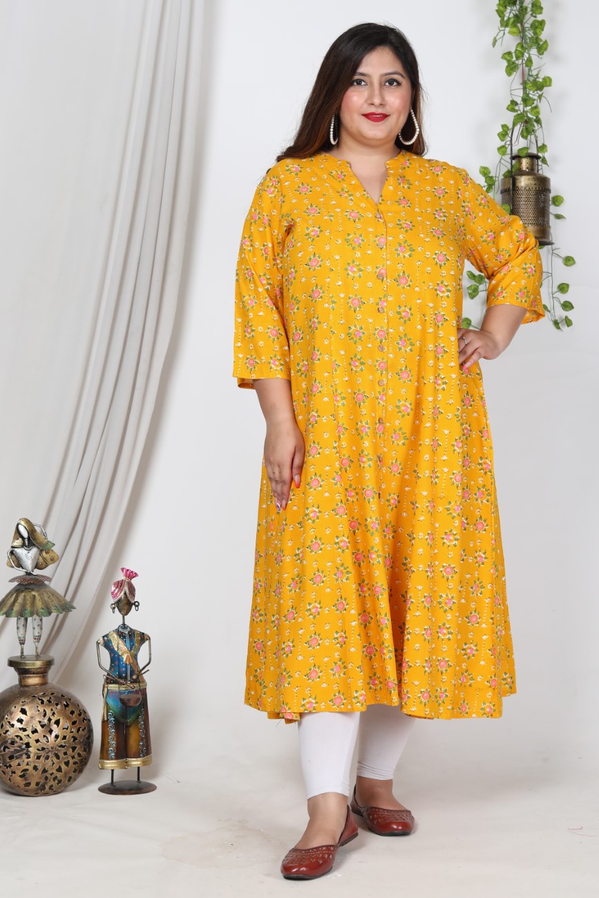 Plus Size Yellow Cotton Blend Floral Print Gown-400727