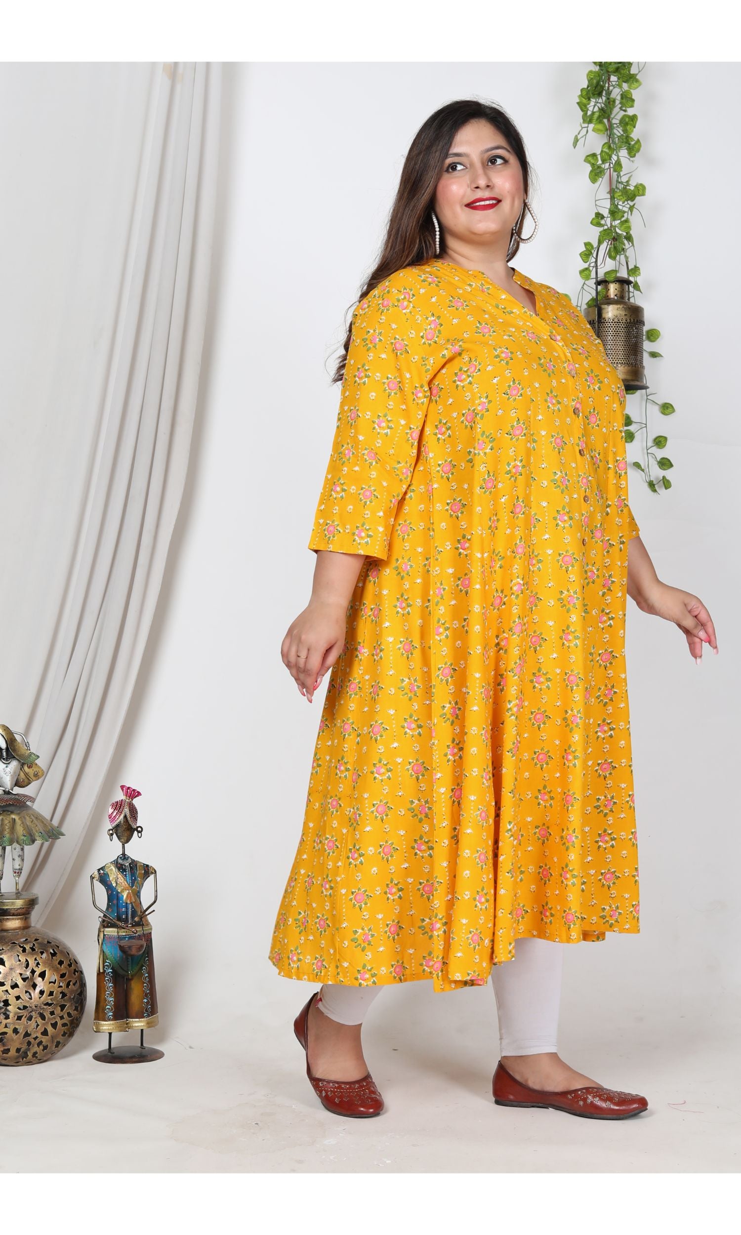 Plus Size Yellow Cotton Blend Floral Print Gown-400727
