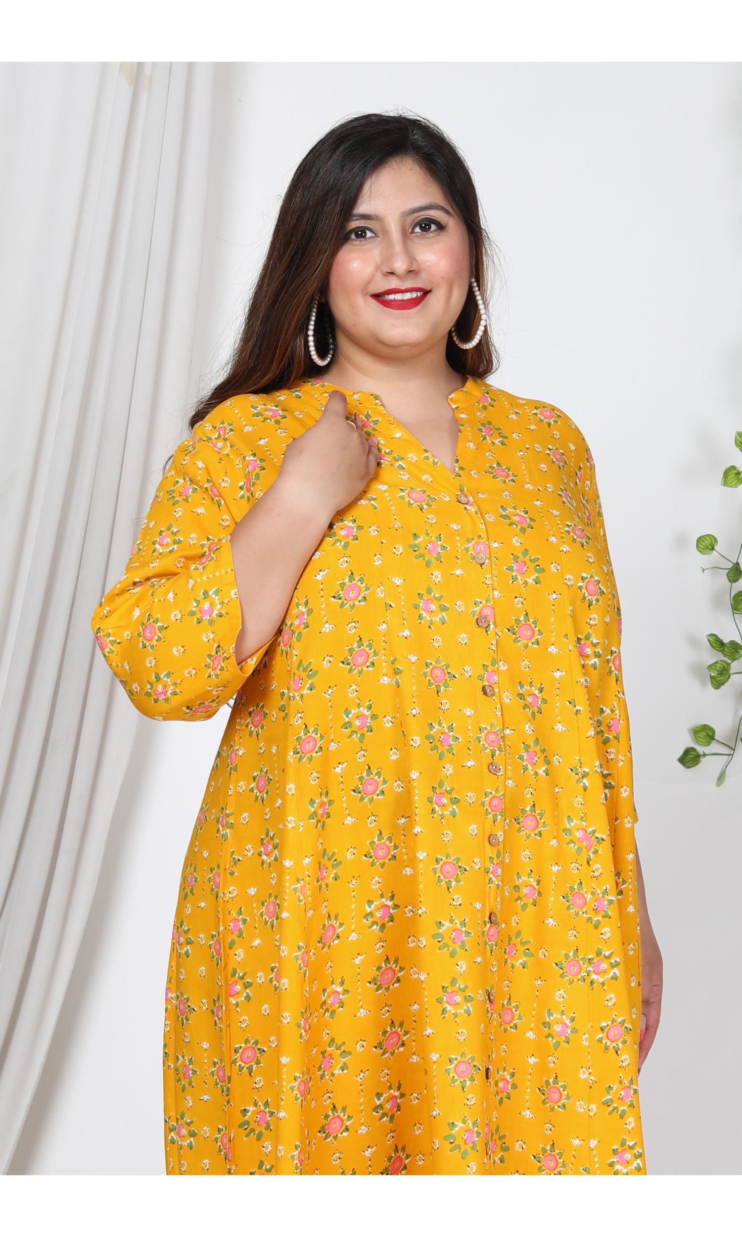 Plus Size Yellow Cotton Blend Floral Print Gown-400727