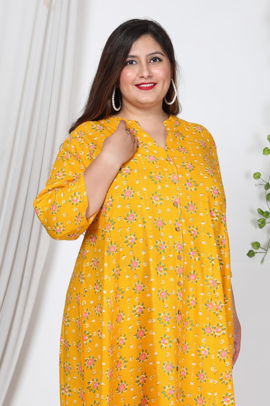 Plus Size Yellow Cotton Blend Floral Print Gown-400727