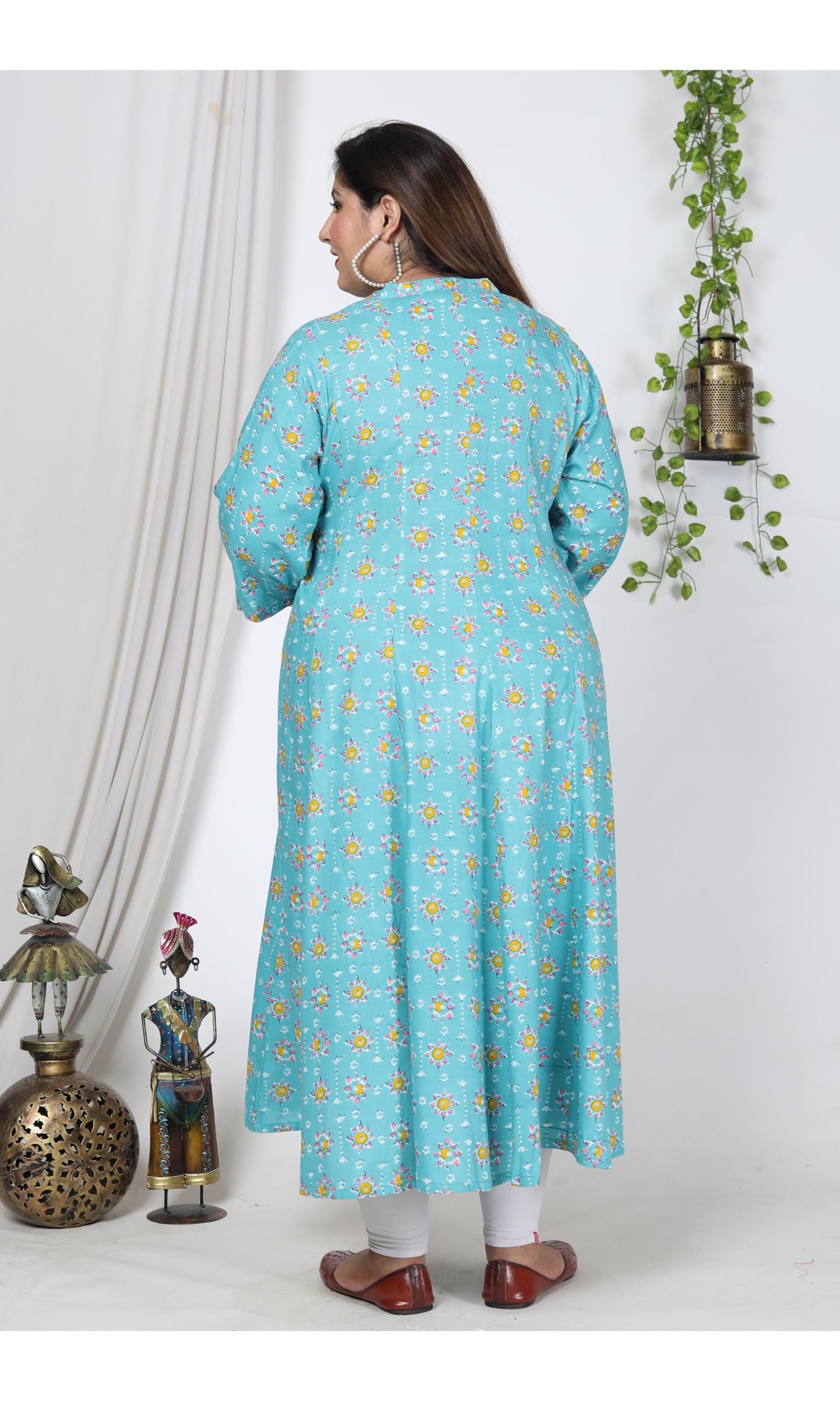 Plus Size Blue Cotton Blend Floral Print Gown-400728