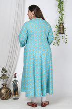 Plus Size Blue Cotton Blend Floral Print Gown-400728