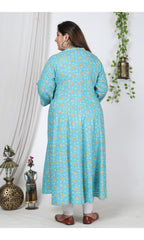 Plus Size Blue Cotton Blend Floral Print Gown-400728
