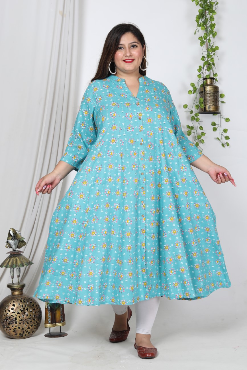 Plus Size Blue Cotton Blend Floral Print Gown-400728