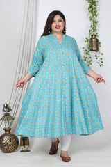 Plus Size Blue Cotton Blend Floral Print Gown-400728