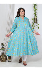 Plus Size Blue Cotton Blend Floral Print Gown-400728