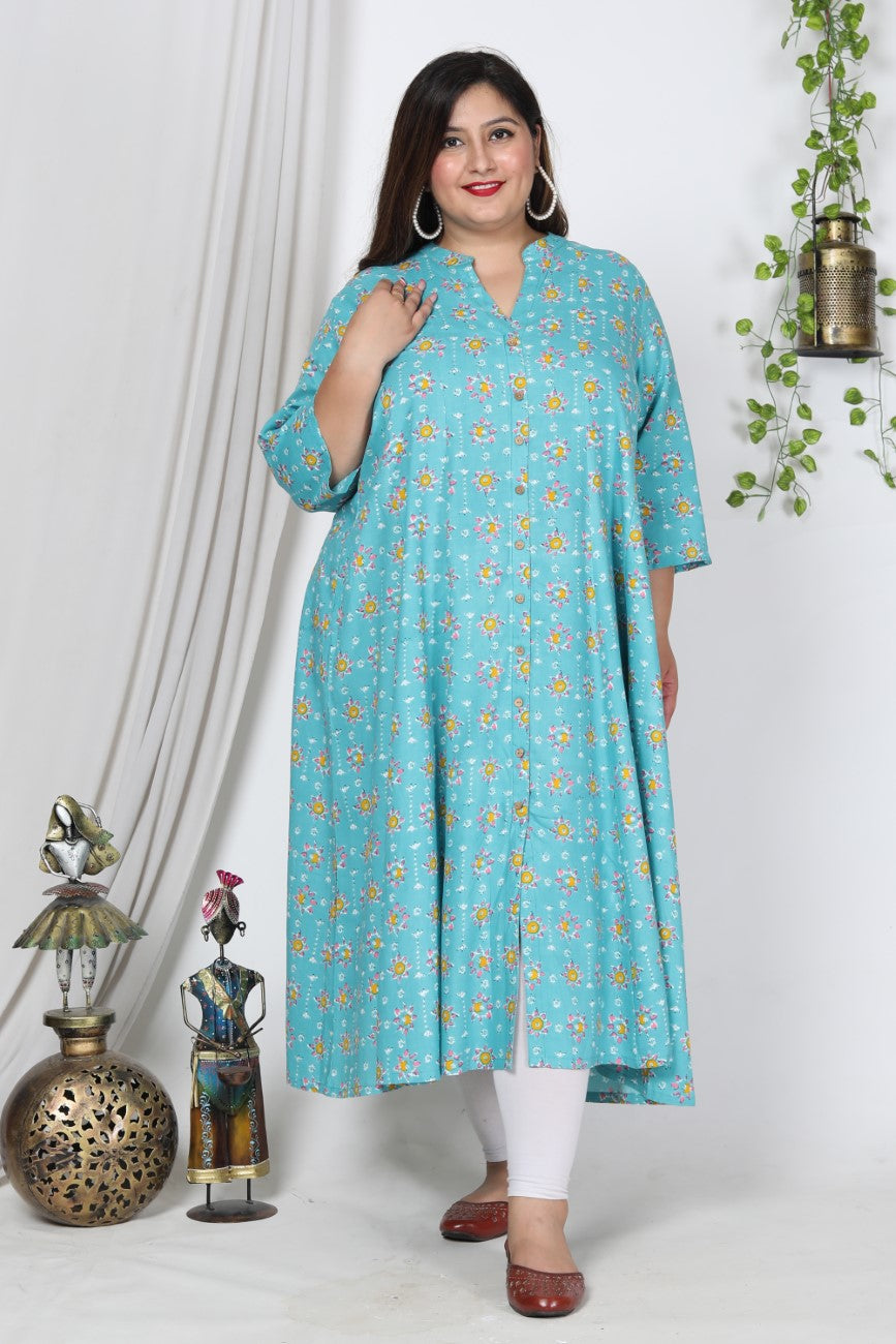 Plus Size Blue Cotton Blend Floral Print Gown-400728