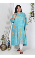 Plus Size Blue Cotton Blend Floral Print Gown-400728