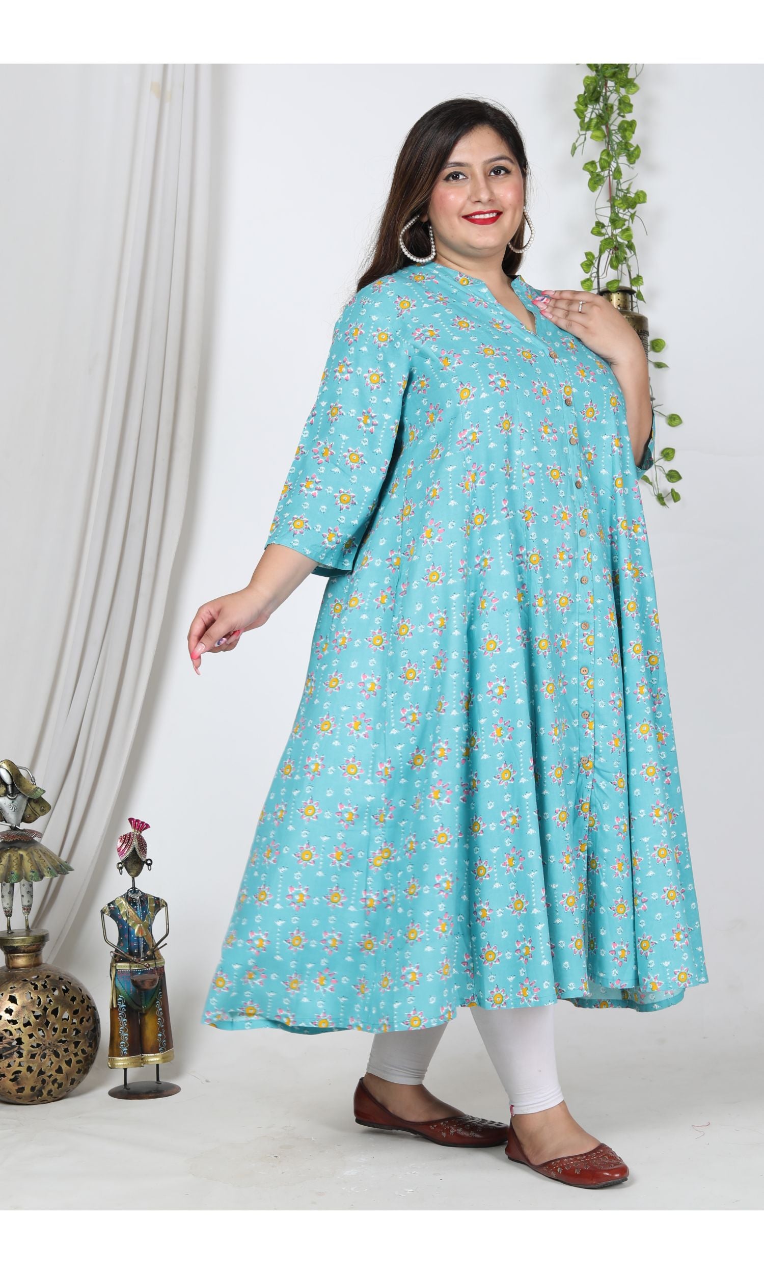 Plus Size Blue Cotton Blend Floral Print Gown-400728