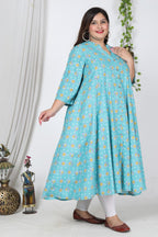 Plus Size Blue Cotton Blend Floral Print Gown-400728