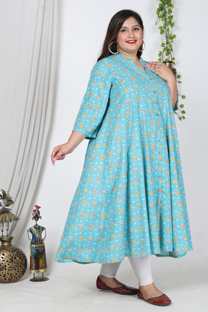 Plus Size Blue Cotton Blend Floral Print Gown-400728