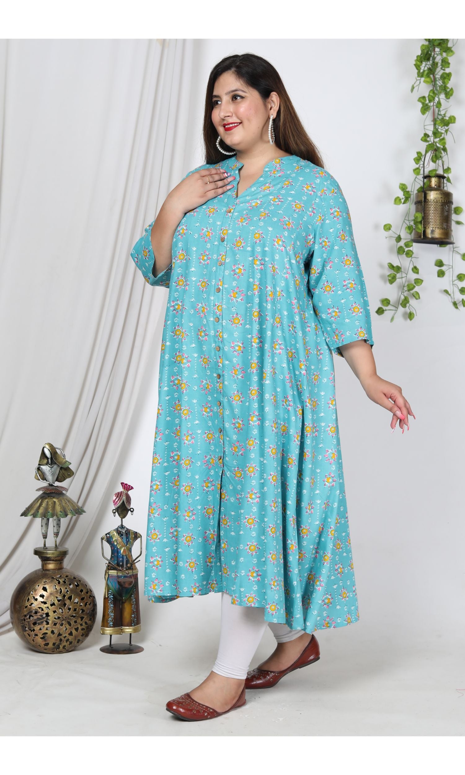 Plus Size Blue Cotton Blend Floral Print Gown-400728