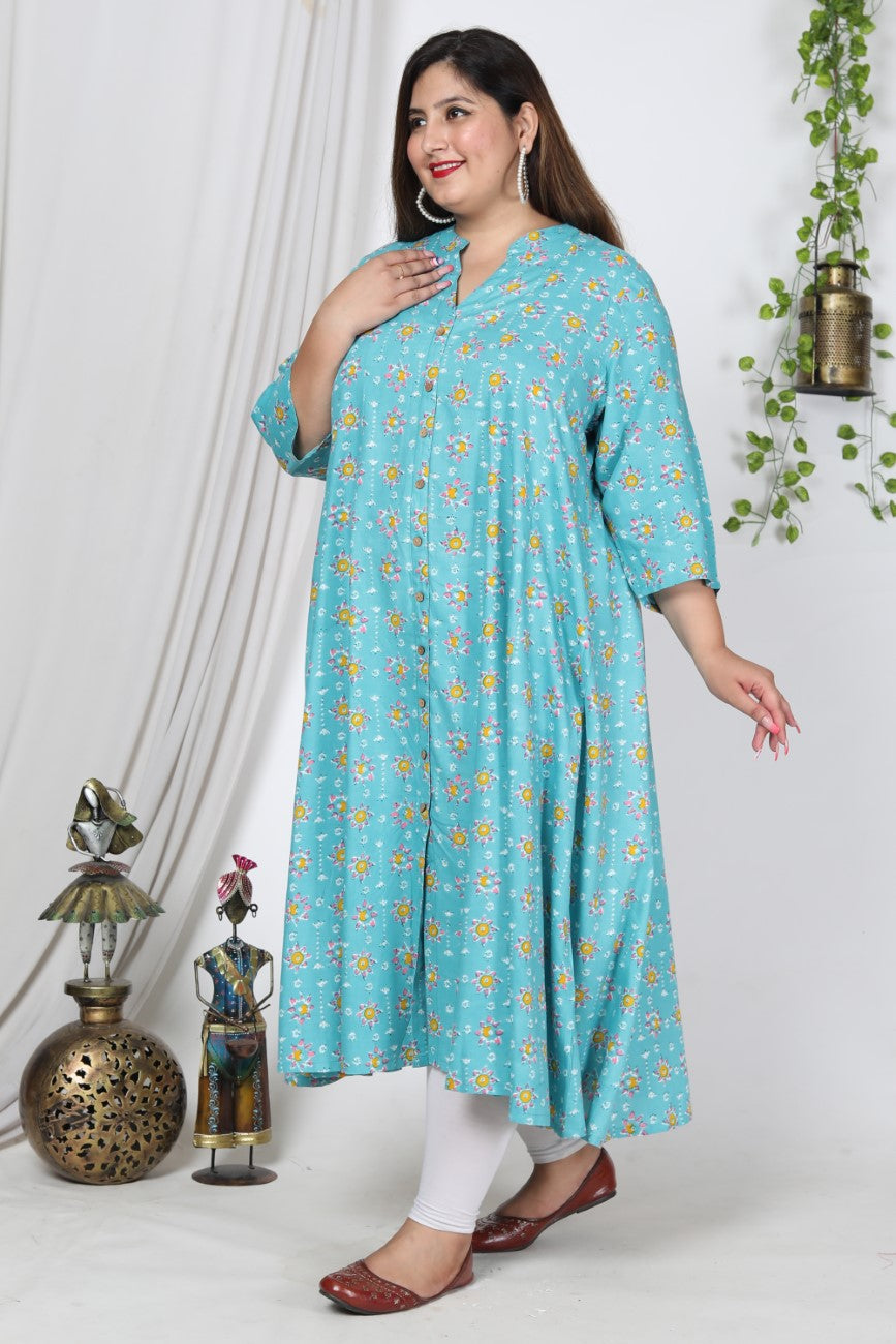 Plus Size Blue Cotton Blend Floral Print Gown-400728