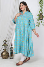 Plus Size Blue Cotton Blend Floral Print Gown-400728
