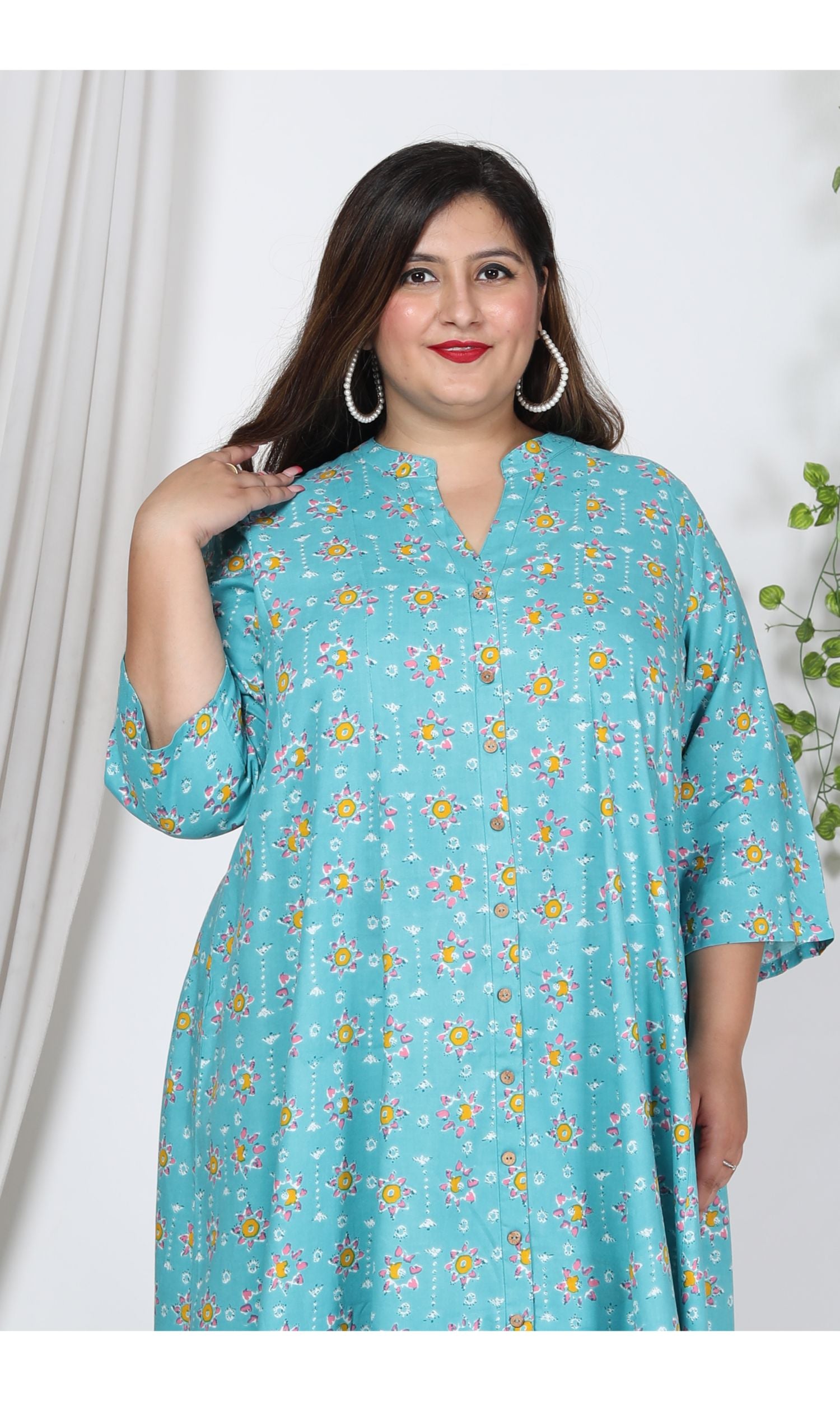 Plus Size Blue Cotton Blend Floral Print Gown-400728