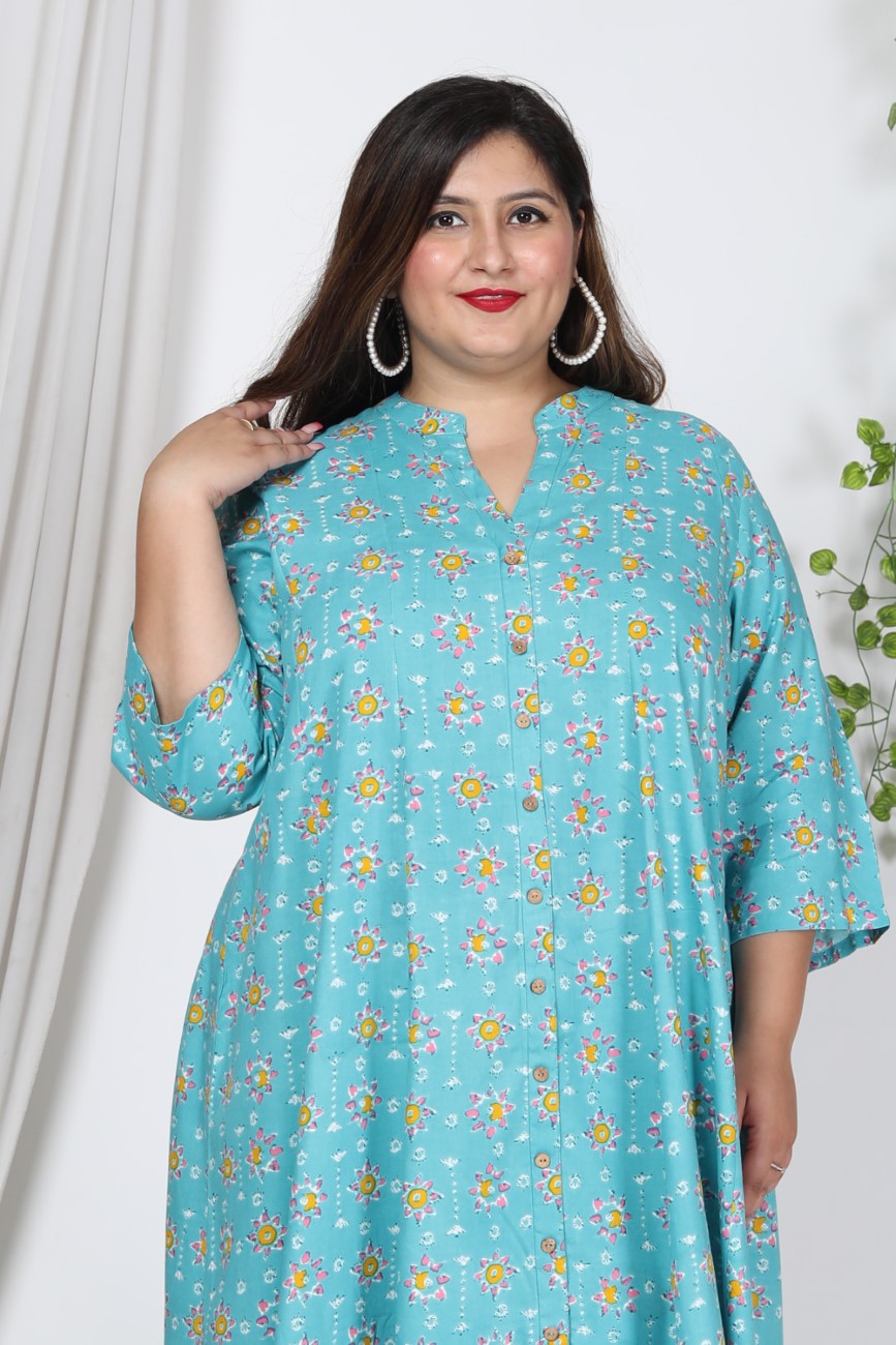 Plus Size Blue Cotton Blend Floral Print Gown-400728