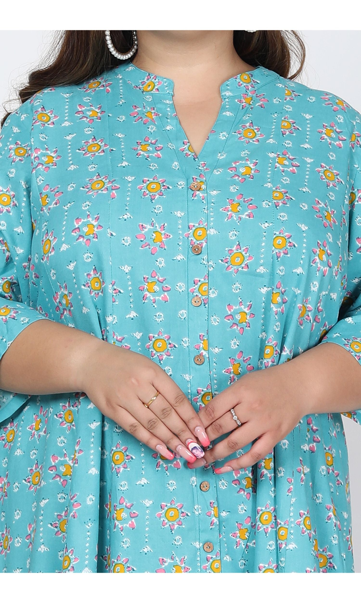 Plus Size Blue Cotton Blend Floral Print Gown-400728
