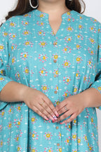 Plus Size Blue Cotton Blend Floral Print Gown-400728