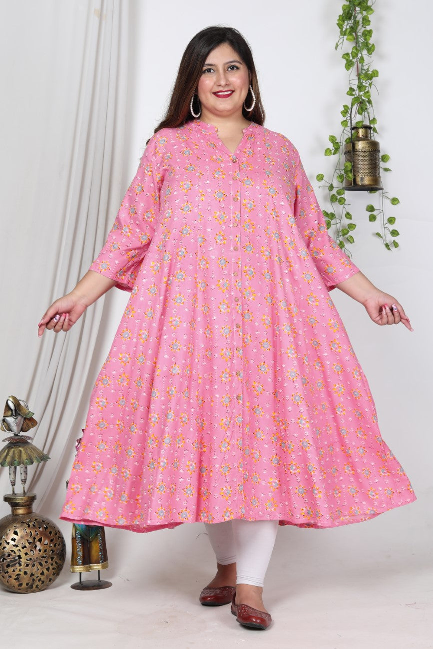 Plus Size Pink Cotton Blend Floral Print Gown-400729 Main image