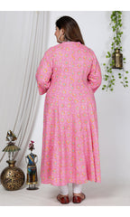 Plus Size Pink Cotton Blend Floral Print Gown-400729