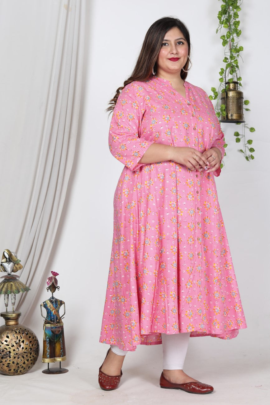 Plus Size Pink Cotton Blend Floral Print Gown-400729