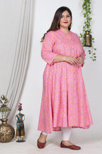 Plus Size Pink Cotton Blend Floral Print Gown-400729
