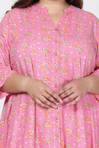 Plus Size Pink Cotton Blend Floral Print Gown-400729