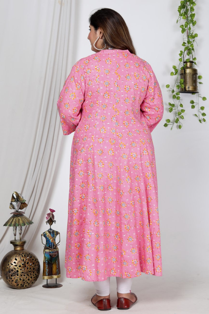 Plus Size Pink Cotton Blend Floral Print Gown-400729