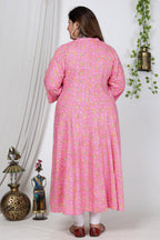 Plus Size Pink Cotton Blend Floral Print Gown-400729