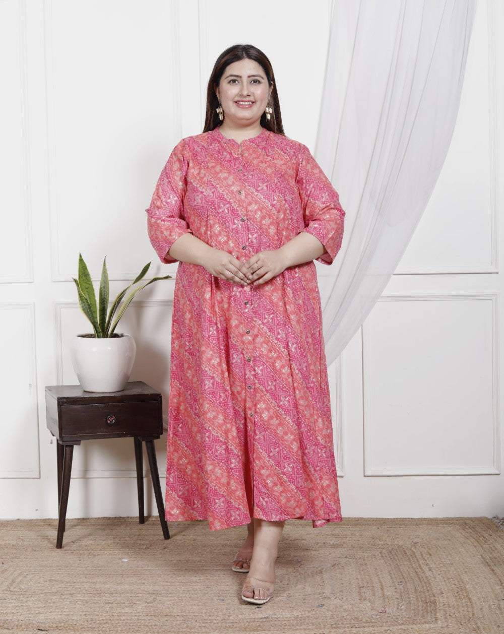 Plus Size Pink Cotton Blend  Goldn Print  Aline Kurta-4100043 Secondary image