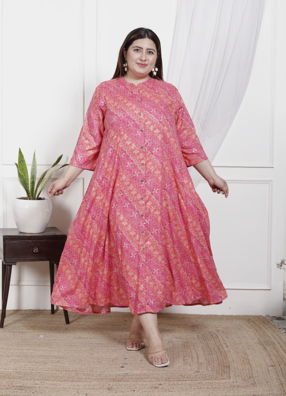 Plus Size Pink Cotton Blend  Goldn Print  Aline Kurta-4100043 Main image