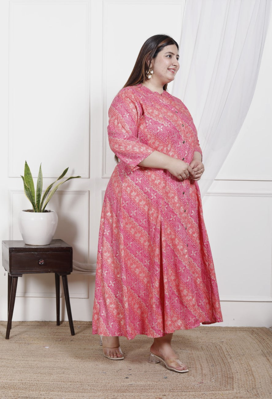 Plus Size Pink Cotton Blend  Goldn Print  Aline Kurta-4100043