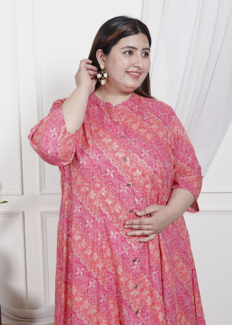 Plus Size Pink Cotton Blend  Goldn Print  Aline Kurta-4100043