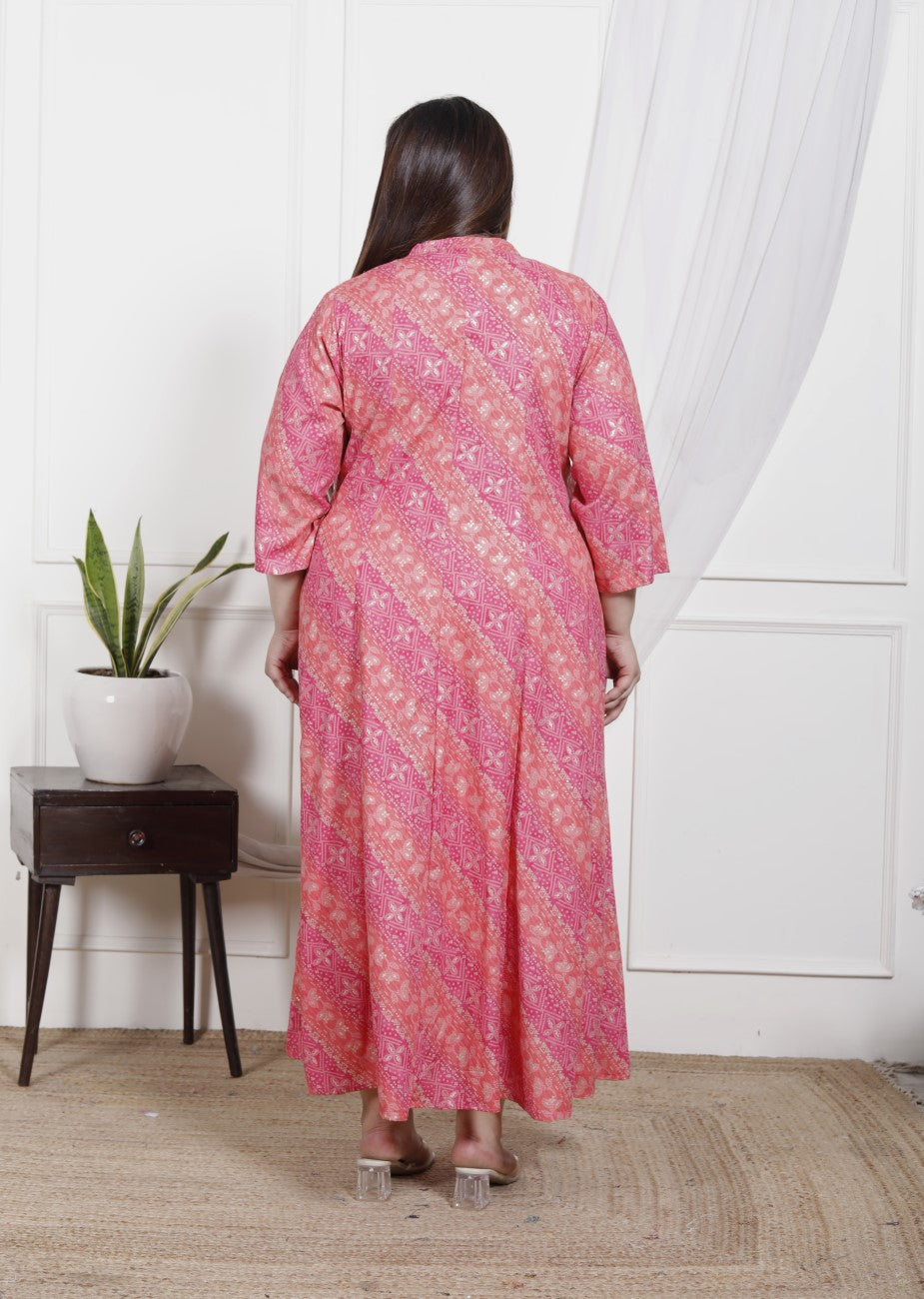 Plus Size Pink Cotton Blend  Goldn Print  Aline Kurta-4100043