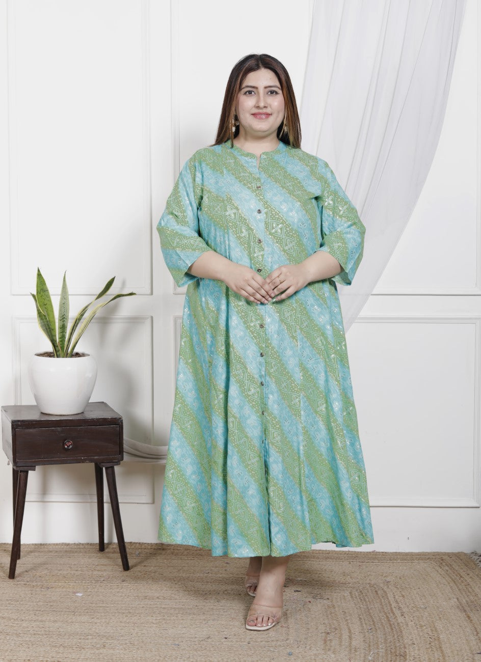 Plus Size Rama Green Cotton Blend  Goldn Print  Aline Kurta-4100044