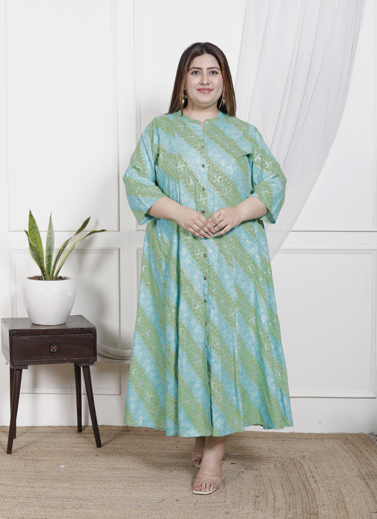 Plus Size Rama Green Cotton Blend  Goldn Print  Aline Kurta-4100044