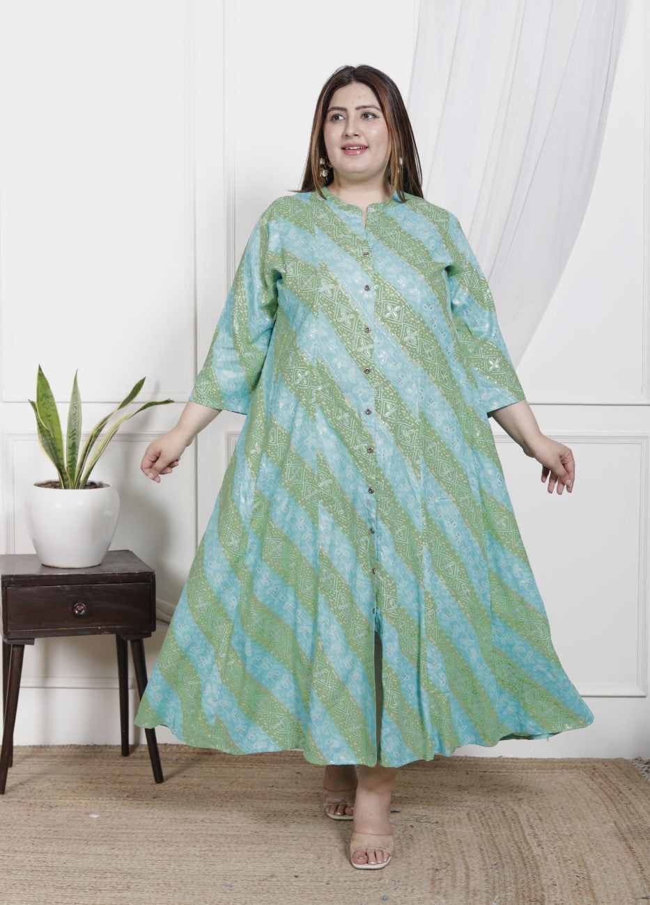 Plus Size Rama Green Cotton Blend  Goldn Print  Aline Kurta-4100044