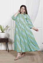 Plus Size Rama Green Cotton Blend  Goldn Print  Aline Kurta-4100044